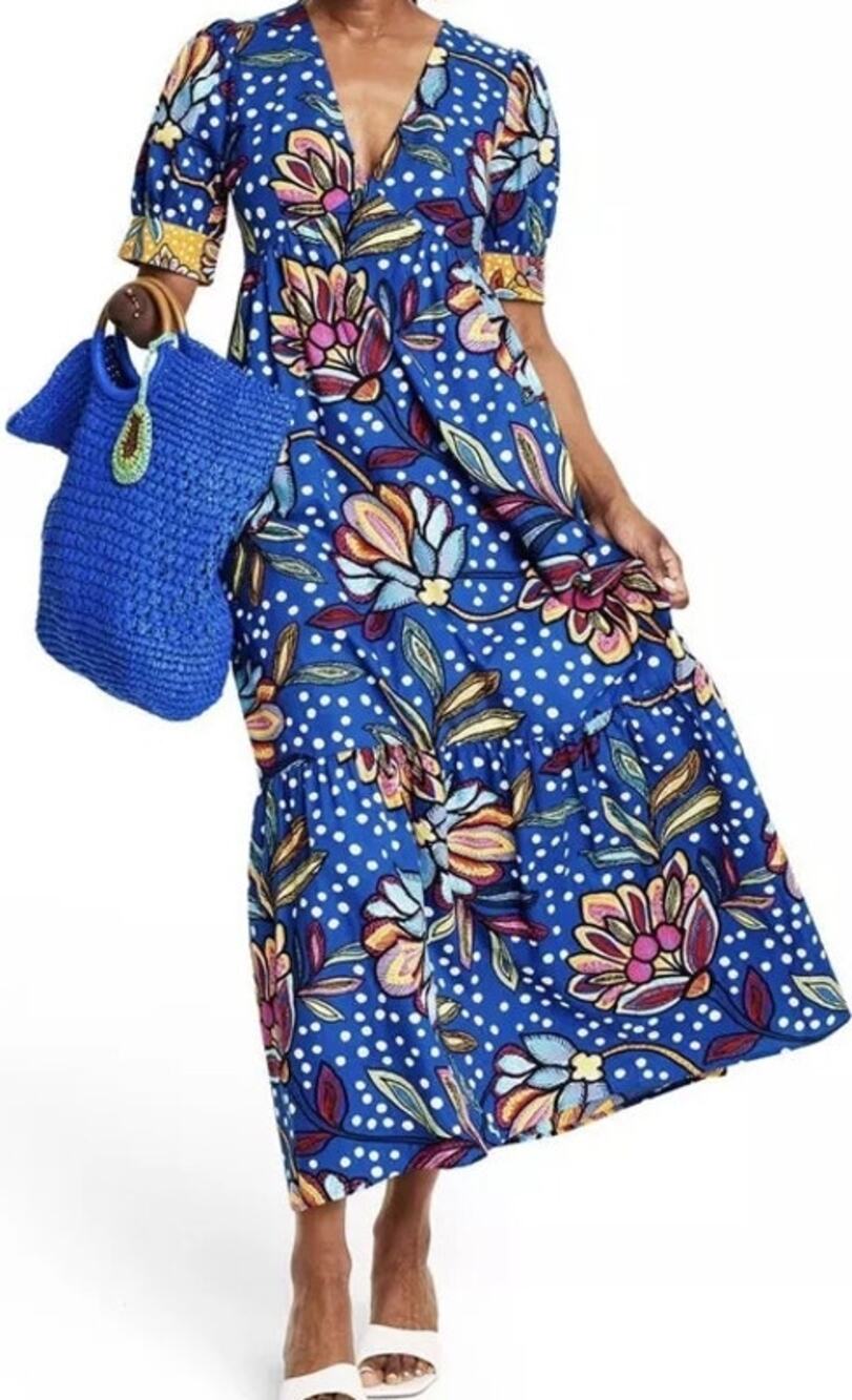 Tabitha Brown Puff Sleeve Midi Dress Mixed Floral Polka Dot A Line Blue Orange 2